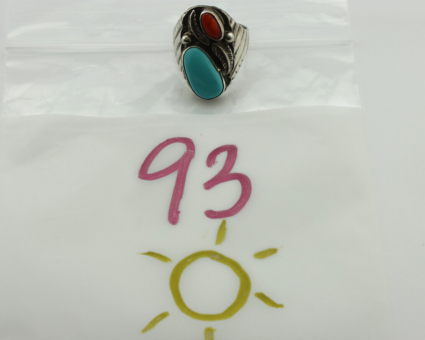 Navajo Ring 925 Silver Coral & Globe Turquoise Native American Artist C.1970's