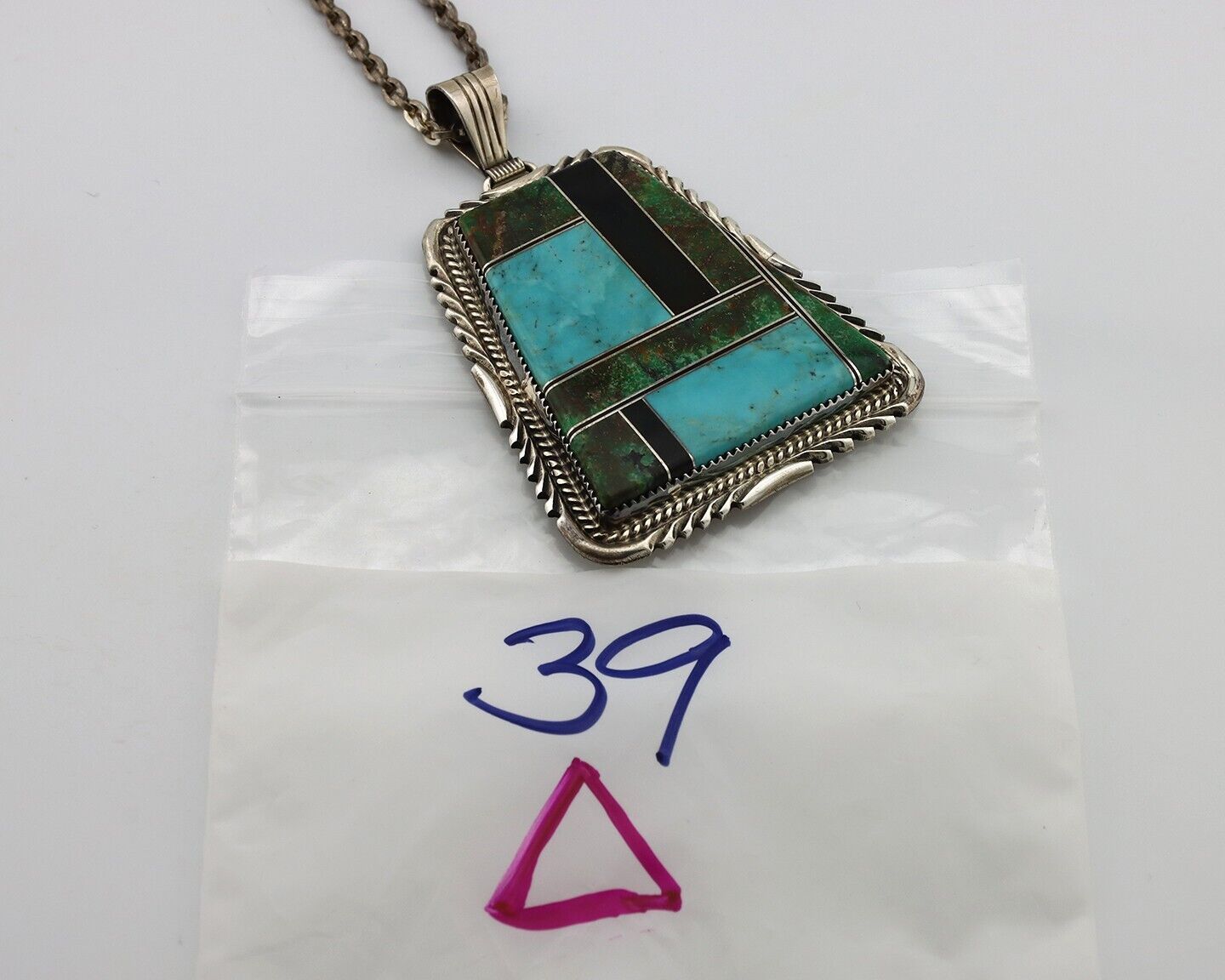 Navajo Necklace 925 Silver Turquoise & Onyx Artist Signed LTB C.80's
