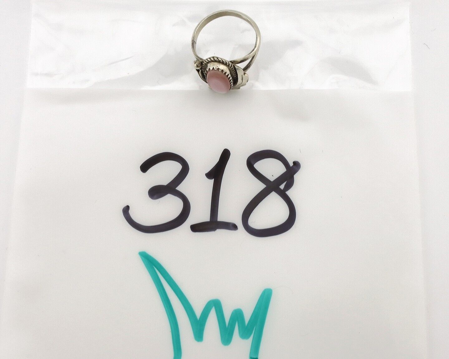 Navajo Ring .925 Silver Natural Pink Mussel Artist Signed Justin Morris C.80's