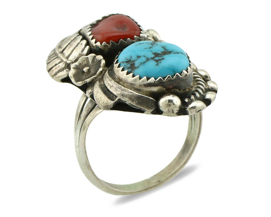 Navajo Ring .925 Silver Turquoise & Coral Artist Signed Thomas Singer C.80's