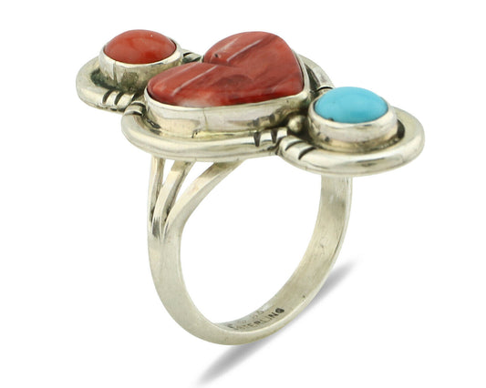 Navajo Ring .925 Silver Natural Coral & Turquoise Signed Carrol Felley C.80's