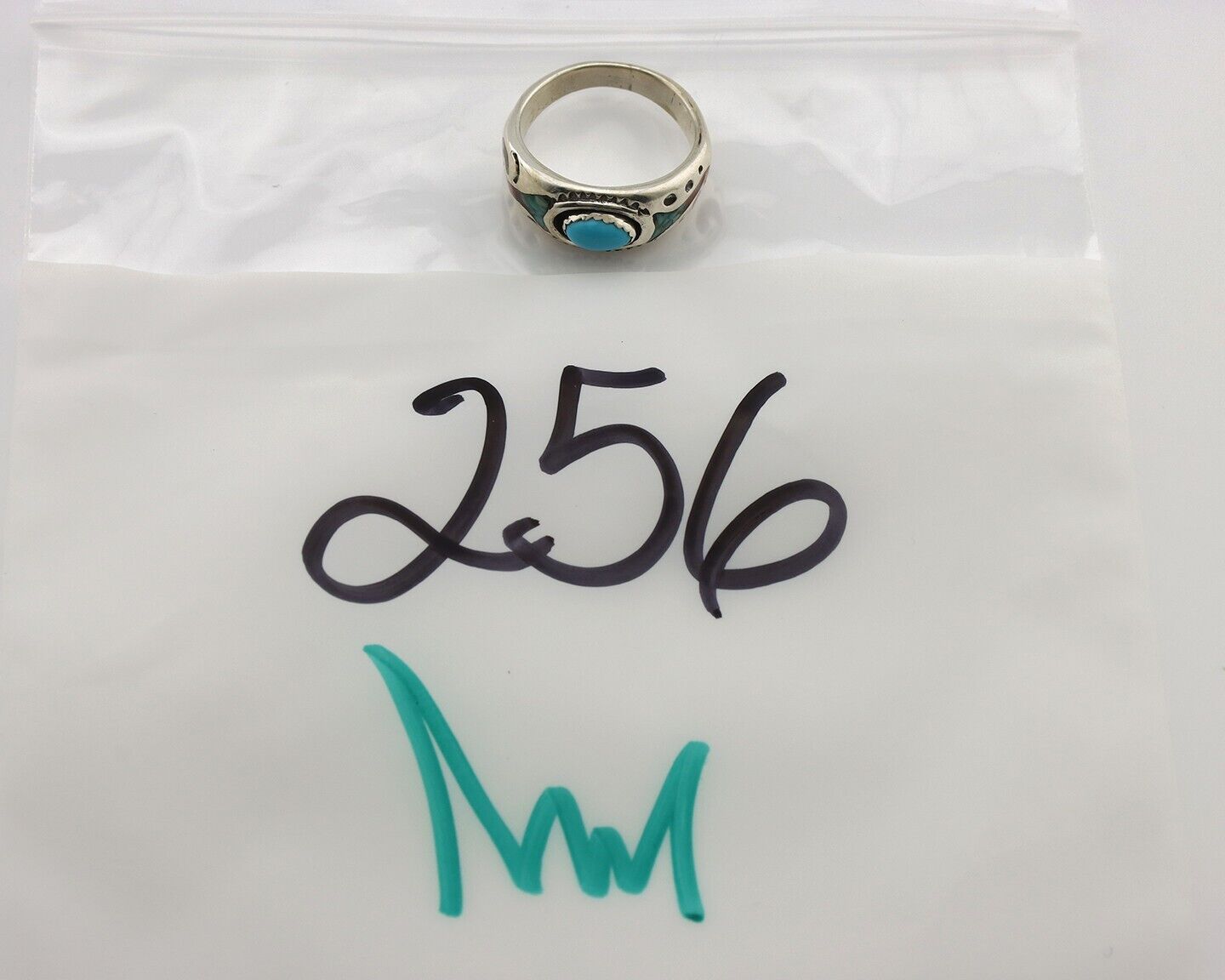 Navajo Inlay Band Ring 925 Silver Turquoise & Coral Native Artist C.80's