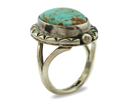 Navajo Ring .925 Silver Kingman Turquoise Artist Signed Gecko C.1980's
