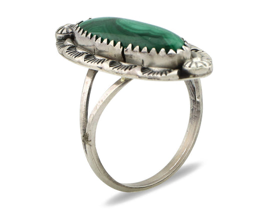 Navajo Ring 925 Silver Natural Malachite Artist Native American Signed H C.80's