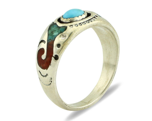 Navajo Handmade Ring 925 Silver Blue Turquoise & Coral Native American C.80's