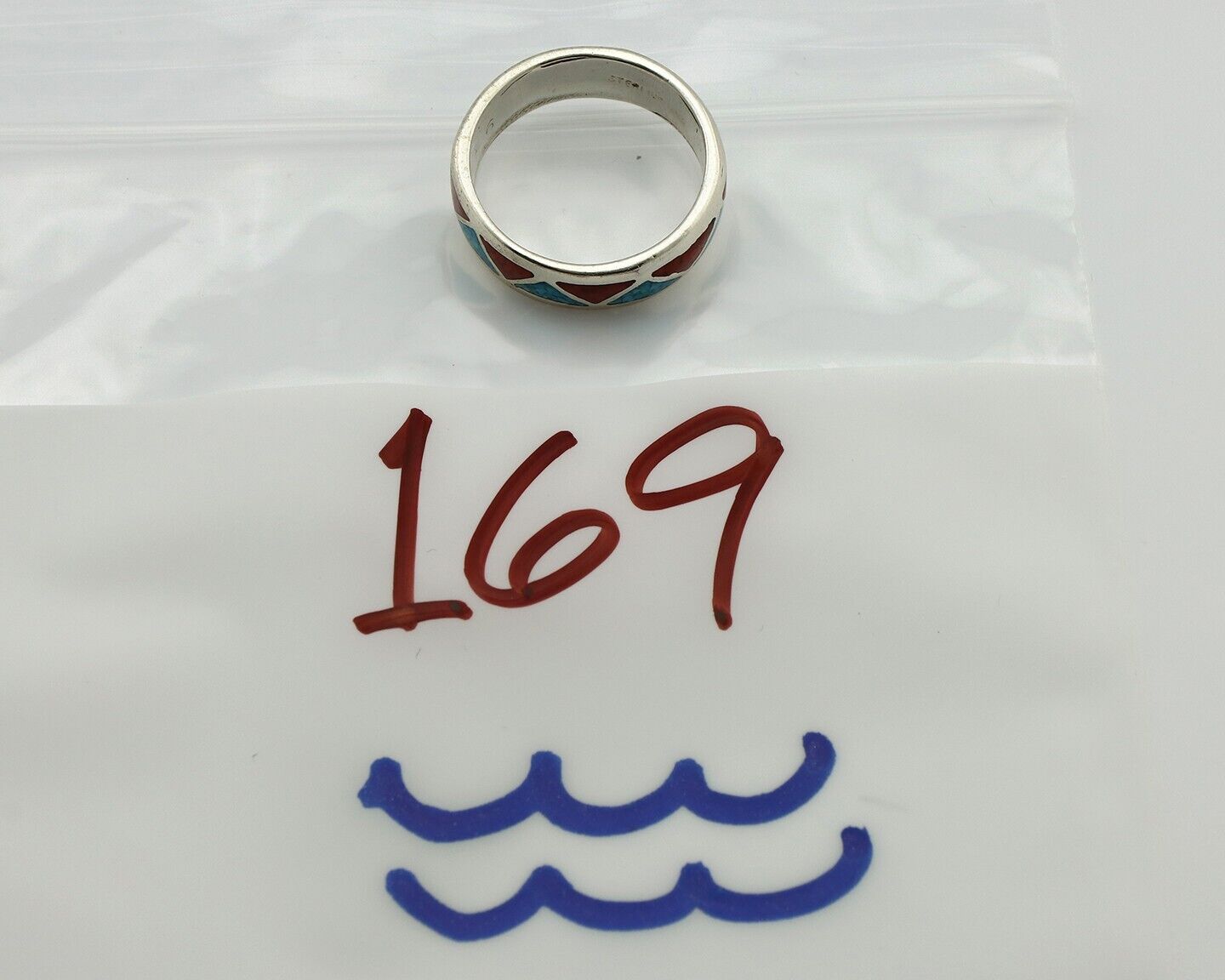 Navajo Chip Inlay Ring 925 Silver Sleeping Beauty Turquoise & Coral Silver Cloud