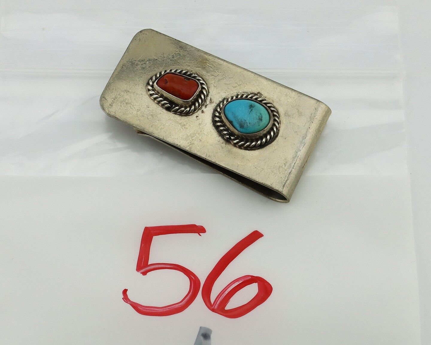 Navajo Money Clip 925 Silver & 999 Nickel Natural Turquoise & Coral Artist C80