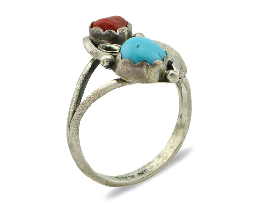 Navajo Ring .925 Silver Turquoise & Coral Native American Artist C.1980's
