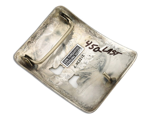 Navajo Belt Buckle 925 Silver Handmade Chip Inlay Artist Signed J. Nezzie C.80s