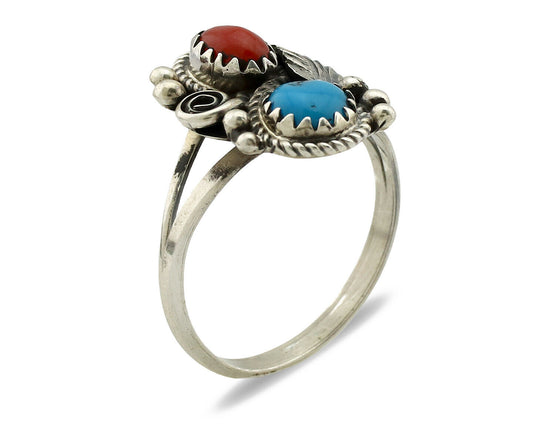 Navajo Ring .925 Silver Morenci Turquoise & Coral Native Artist Signed JM C.80's