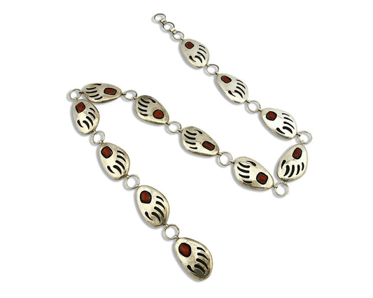 Navajo Bear Paw Concho Belt .925 Silver Red Coral Signed E. Redhorse C.80's