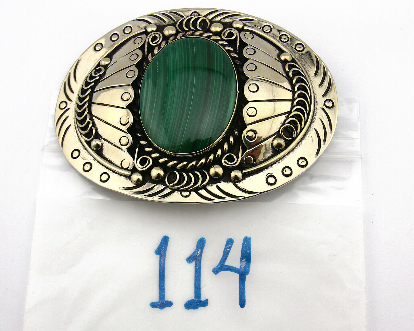 Navajo Handmade Belt Buckle .999 Nickle Silver Malachite Signed Tipi C.80's