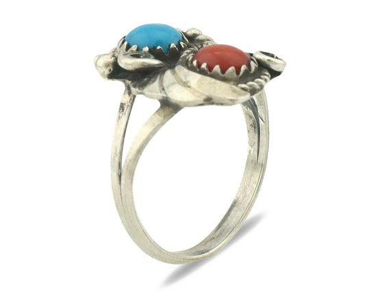 Navajo Ring .925 Silver Morenci Turquoise & Red Stone Native Artist Signed JM C.80's