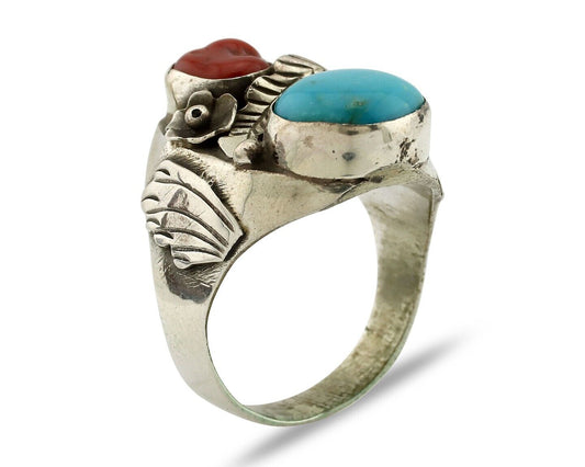 Navajo Ring 925 Silver Blue Turquiose & Mediterranean Coral Native Artist C.80's