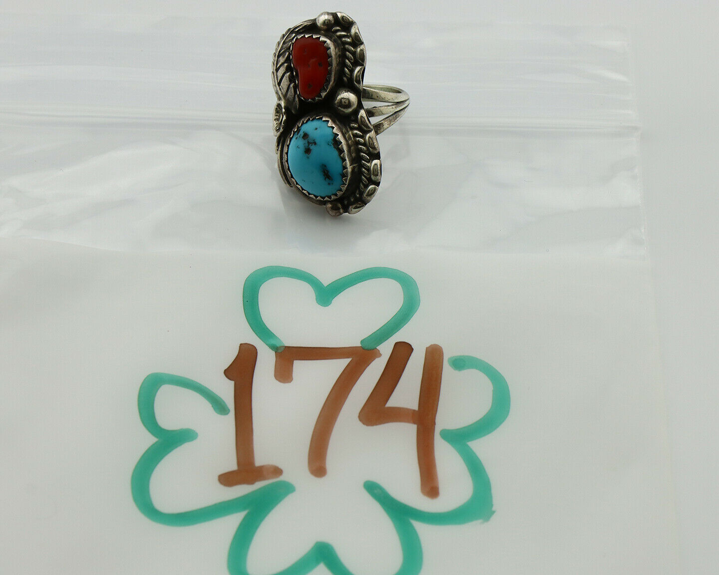 Navajo Ring .925 Silver Turquoise & Coral Artist Signed Thomas Singer C.80's