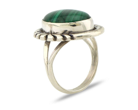 Navajo Ring 925 Silver Hand Stamped Natural Malachite Artist Signed NAKAI C.80's