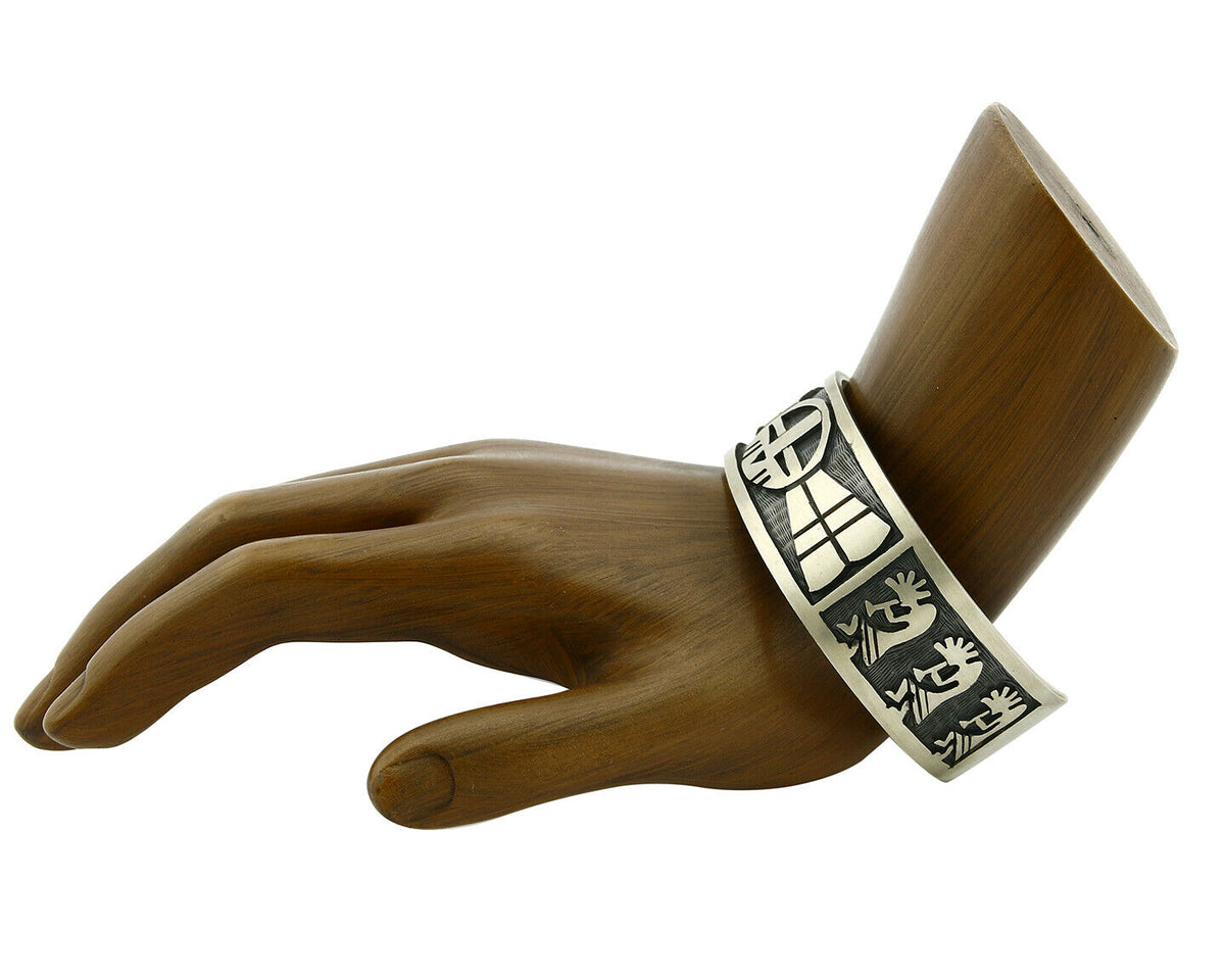 Hopi Bracelet .925 Silver Handmade Kokopelli Corn Sun Overlay Cuff
