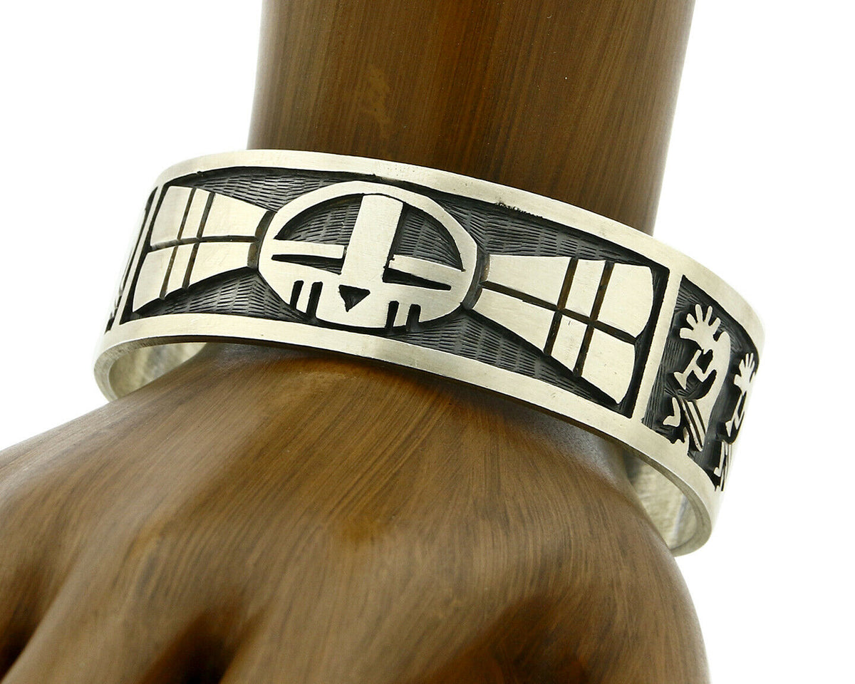 Hopi Bracelet .925 Silver Handmade Kokopelli Corn Sun Overlay Cuff