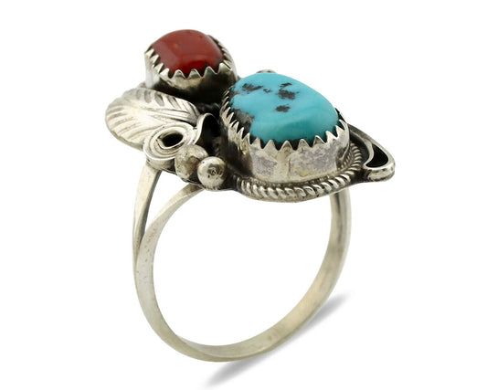 Navajo Ring .925 Silver Turquoise & Coral Artist Signed J Morris C.80's