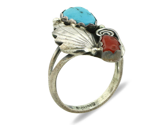 Navajo Ring .925 Silver Turquoise & Coral Native American Artist C.1980's