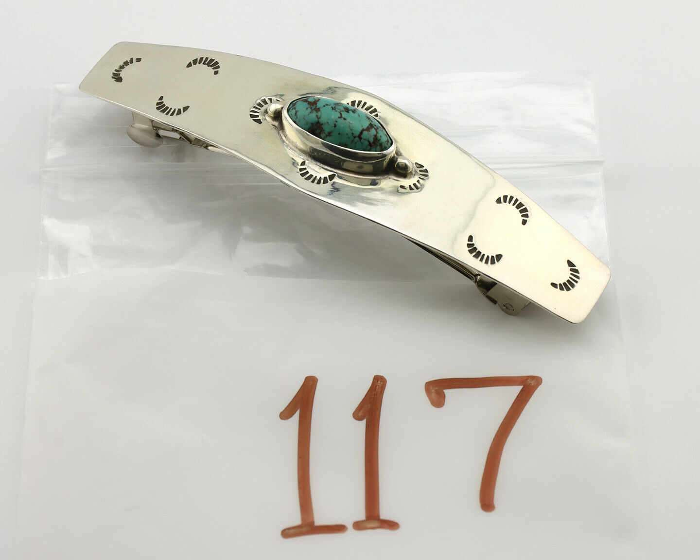 Navajo Hair Clip .925 Silver Spiderweb Turquoise Native American Barrette C.80's