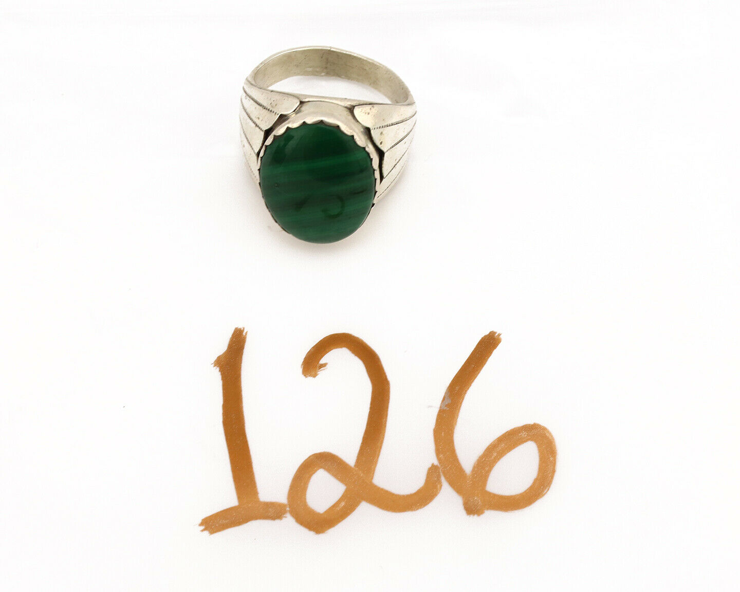 Navajo Ring .925 Silver Natural Green Malachite Artist Signed DL C.1980's