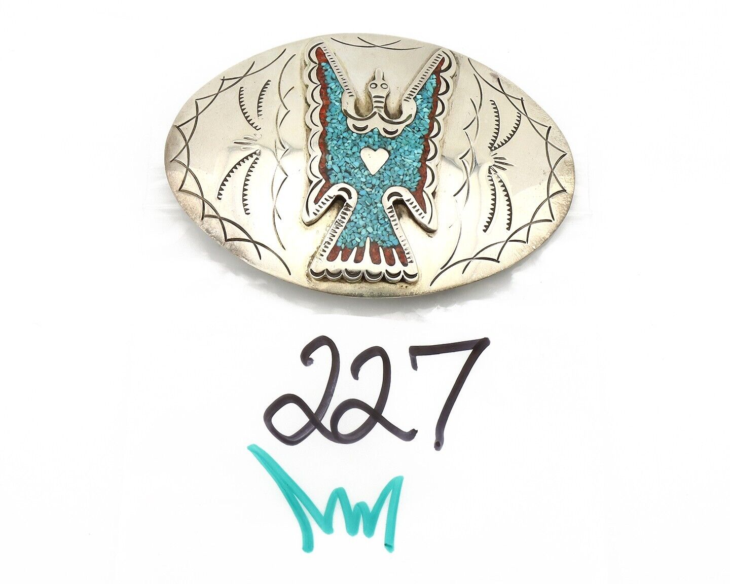 Navajo Belt Buckle 925 Silver Handmade Chip Inlay Artist Signed CP C.80s