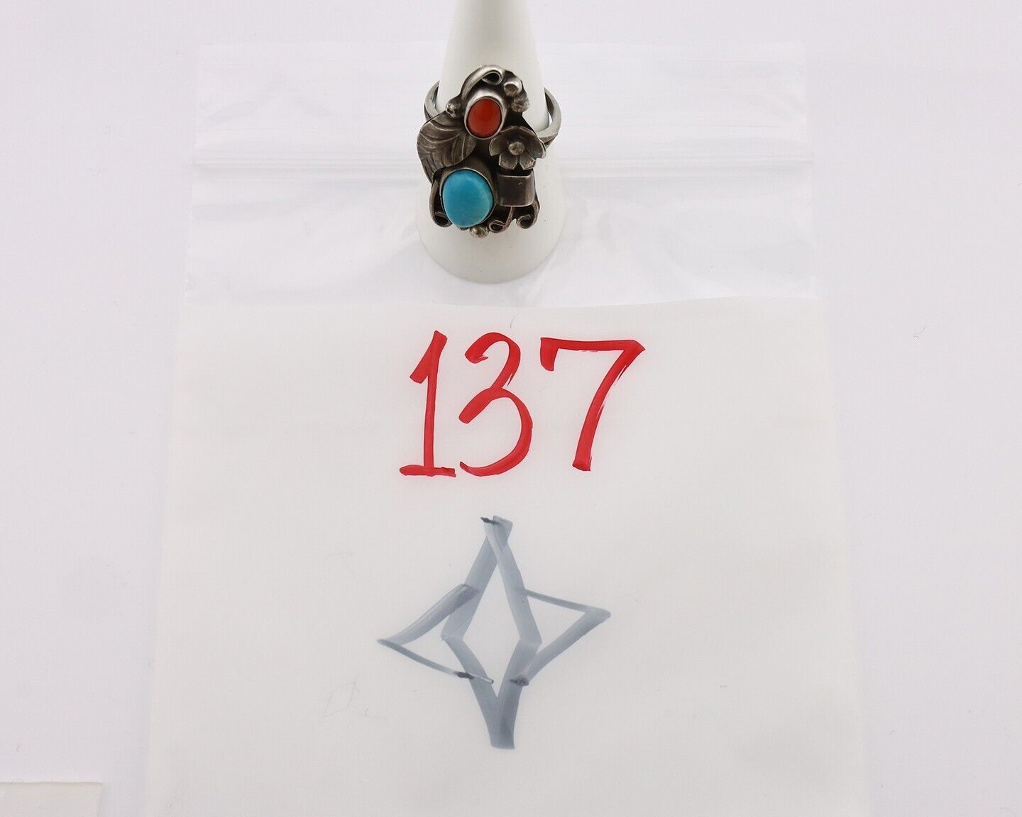 Navajo Handmade Ring 925 Silver Turquiose & Coral Artist Signed WJ C.80's