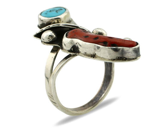 Navajo Ring 925 Silver Coral & Sleeping Beauty Turquoise Native Artist C.80's
