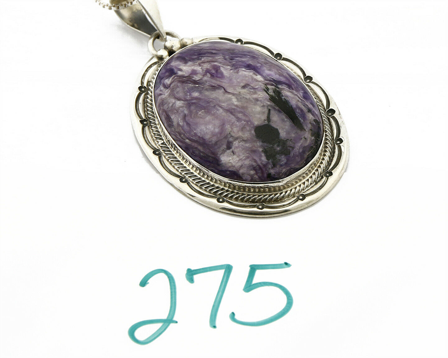 C.1980's Navajo Signed Roie Jaque .925 Silver Large Charoite Necklace