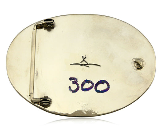 Navajo Handmade Belt Buckle .999 Nickle Silver Malachite Signed Tipi C.80's