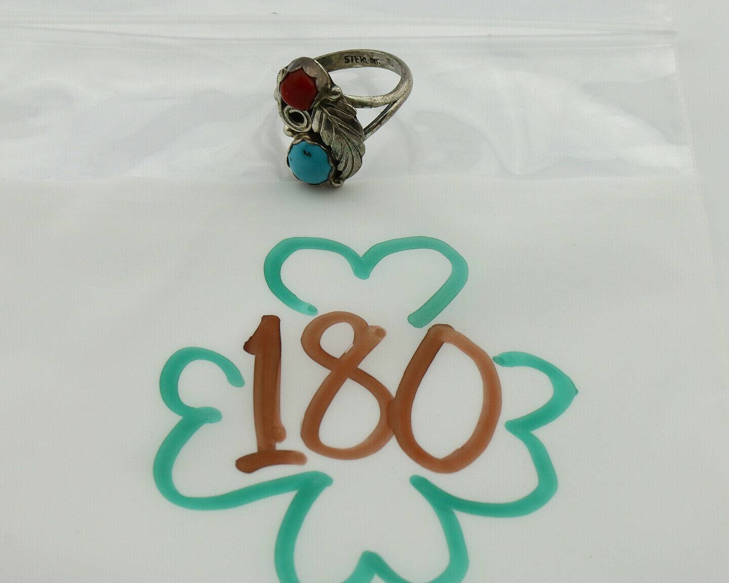 Navajo Ring .925 Silver Turquoise & Coral Native American Artist C.1980's