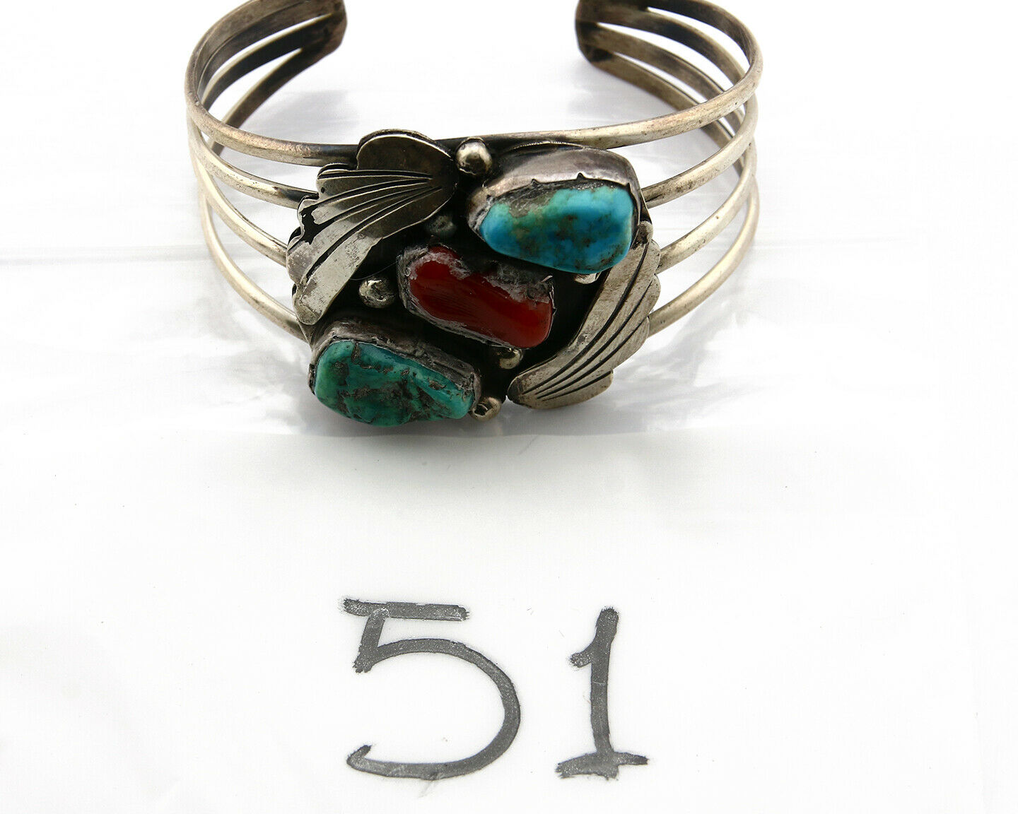 Navajo Bracelet .925 Silver Coral & Turquoise Artist Native American C.1975