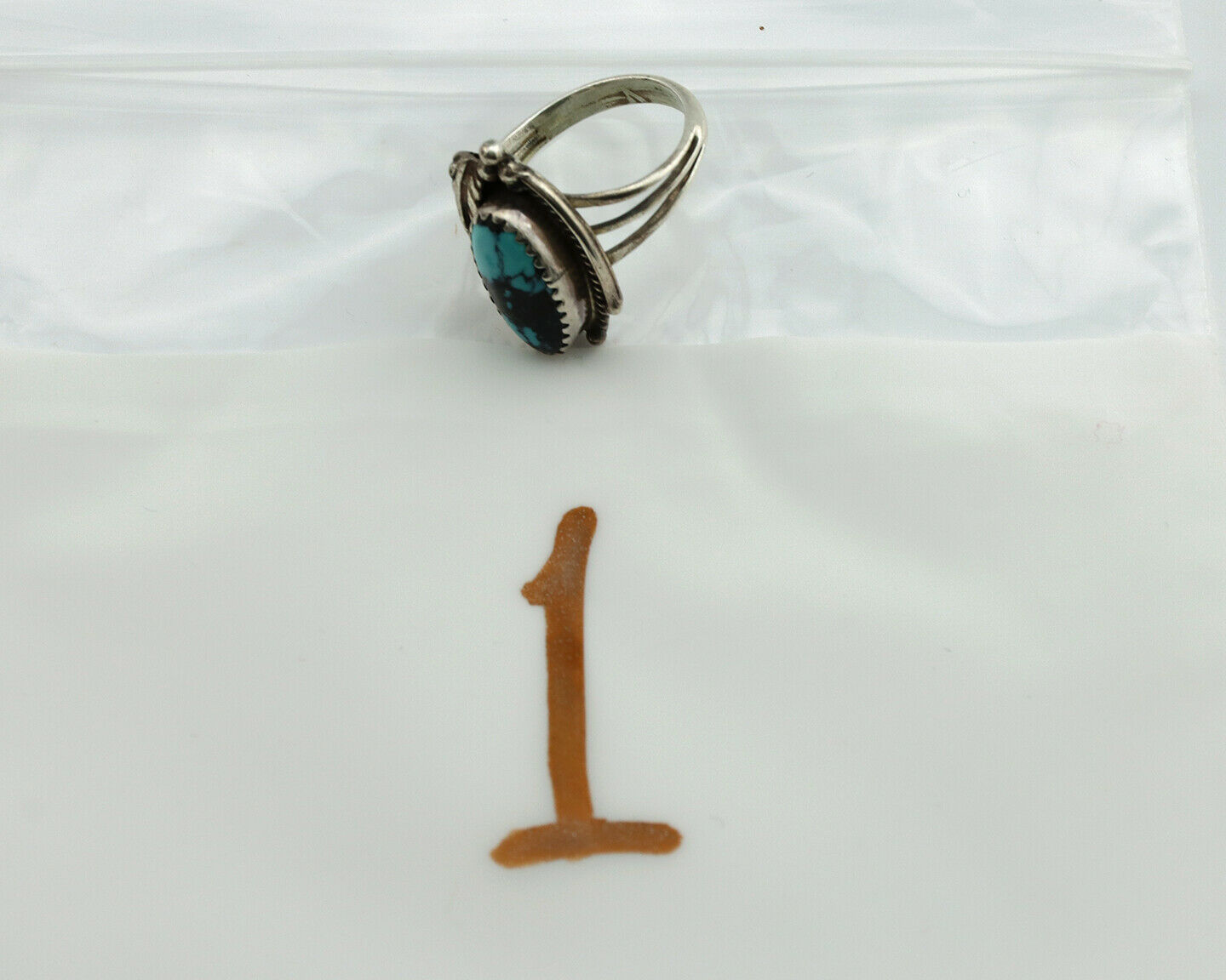 Navajo Ring .925 Silver Spiderweb Turquoise Artist Signed Fire C.1980's