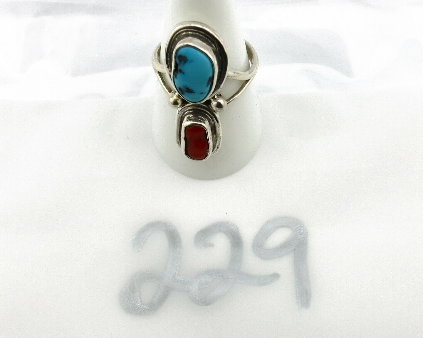 Navajo Ring .925 Silver Red Coral & Blue Turquoise Native Artist C.80's