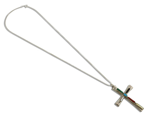 Zuni Handmade Cross Necklace 925 Silver Natural Gemstone Signed L. IULE C.80's