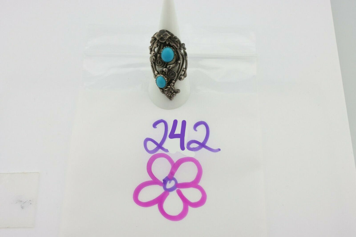 Navajo Ring .925 Silver Sleeping Beauty Turquoise Signed Prairie Fire C.80's