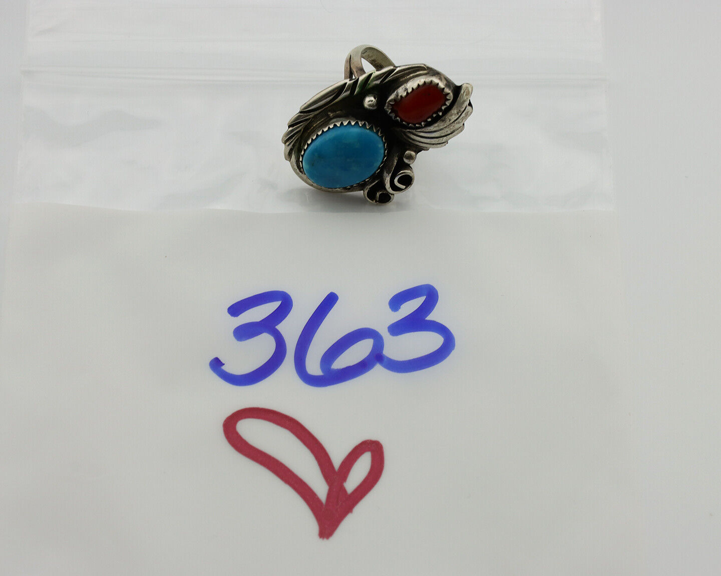 Navajo Ring 925 Silver Turquoise & Coral Artist Signed Native American C.80s