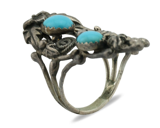 Navajo Ring .925 Silver Sleeping Beauty Turquoise Signed Prairie Fire C.80's