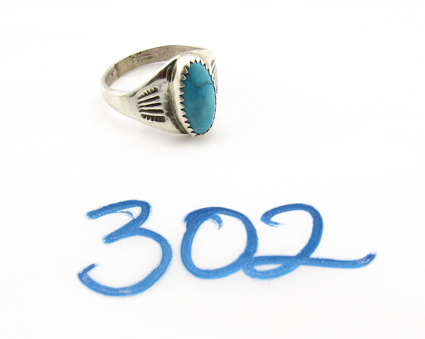 Zuni Ring .925 Silver Kingman Turquoise Hand Stamped Native American C.80's