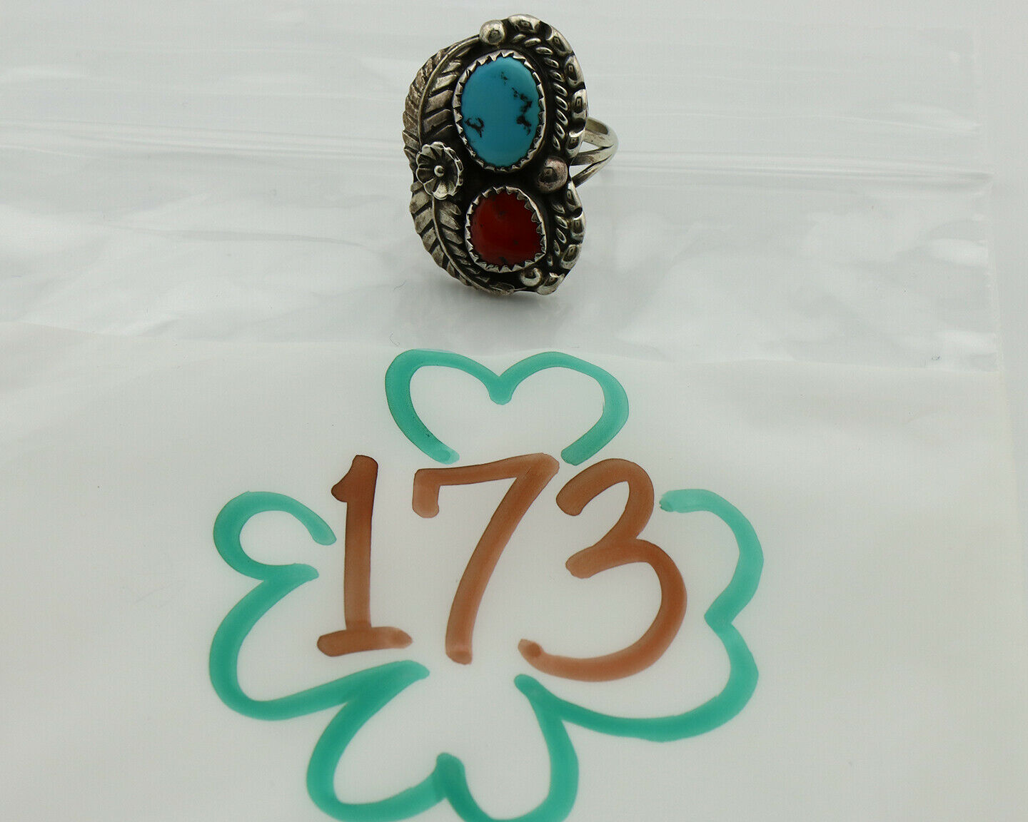 Navajo Ring .925 Silver Turquoise & Coral Artist Signed Thomas Singer C.80's
