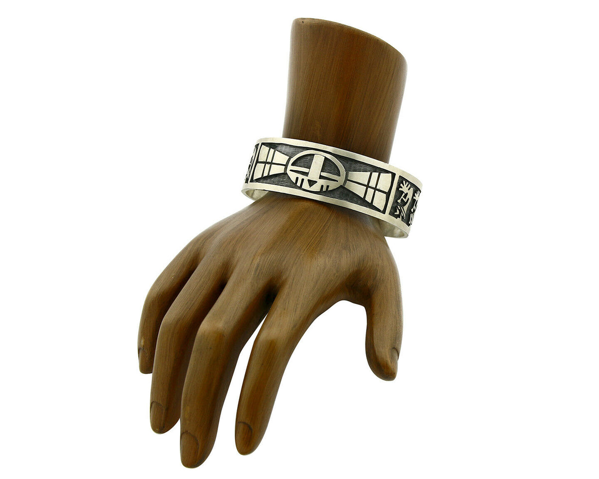 Hopi Bracelet .925 Silver Handmade Kokopelli Corn Sun Overlay Cuff