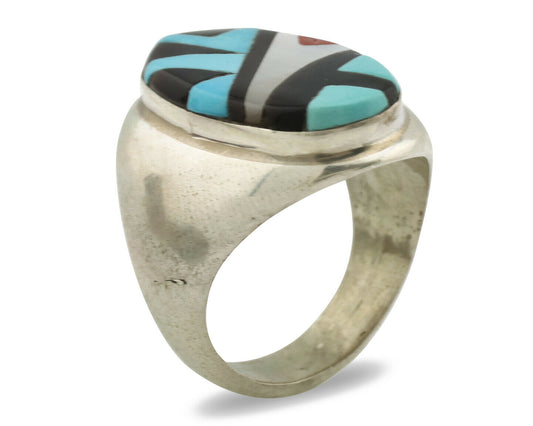 Zuni Inlaid Ring .925 Silver Gemstone Artist Richard & Geneva Terraza C.1980's