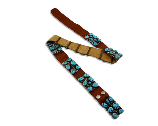 Navajo Concho Belt .925 Silver Morenci Turquoise Signed J. Sandoval C.80's