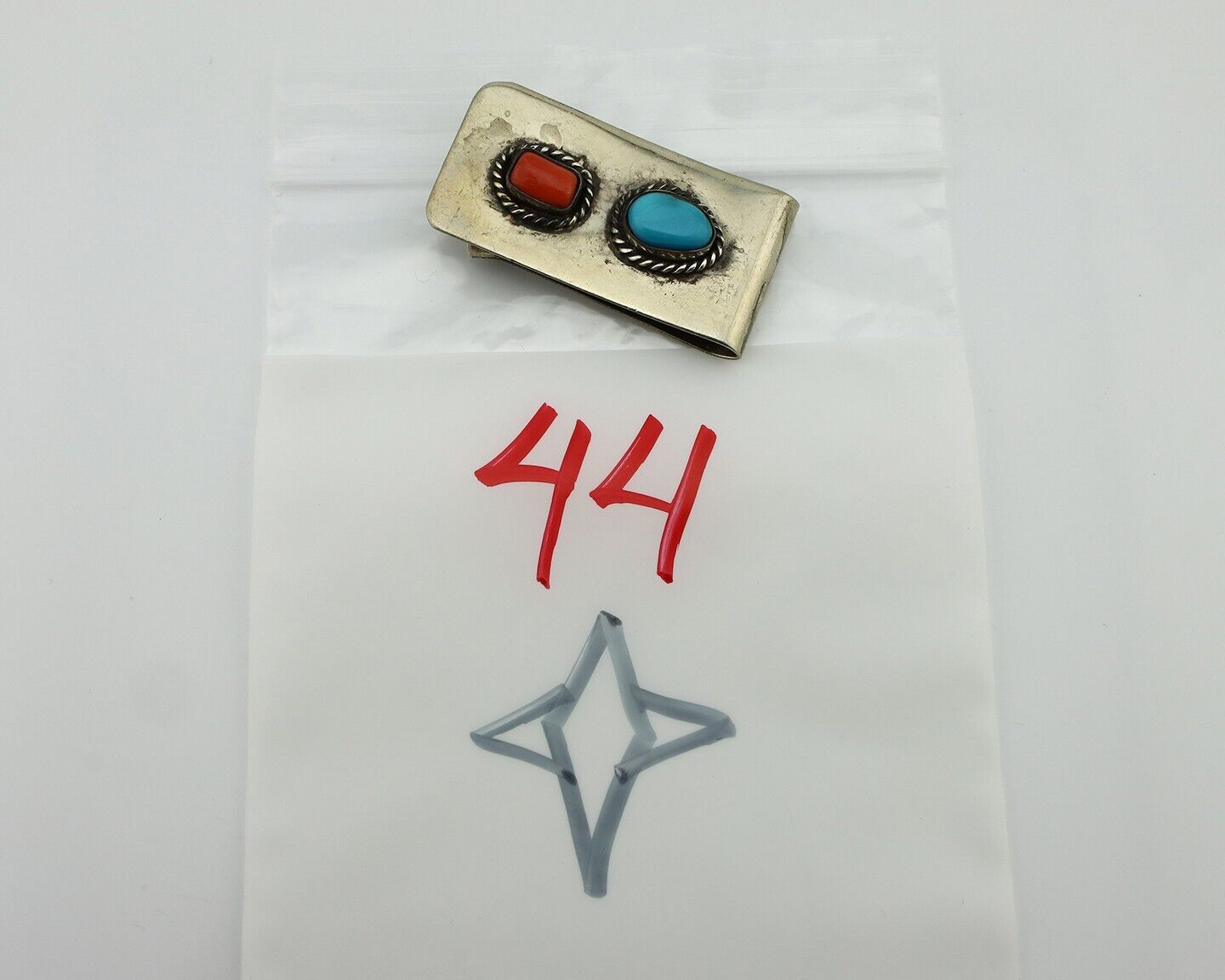 Navajo Money Clip 925 Silver & 999 Nickel Natural Turquoise & Coral Artist C80