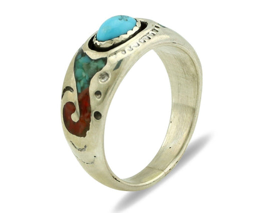 Navajo Handmade Ring 925 Silver Blue Turquoise & Coral Native American C.80's