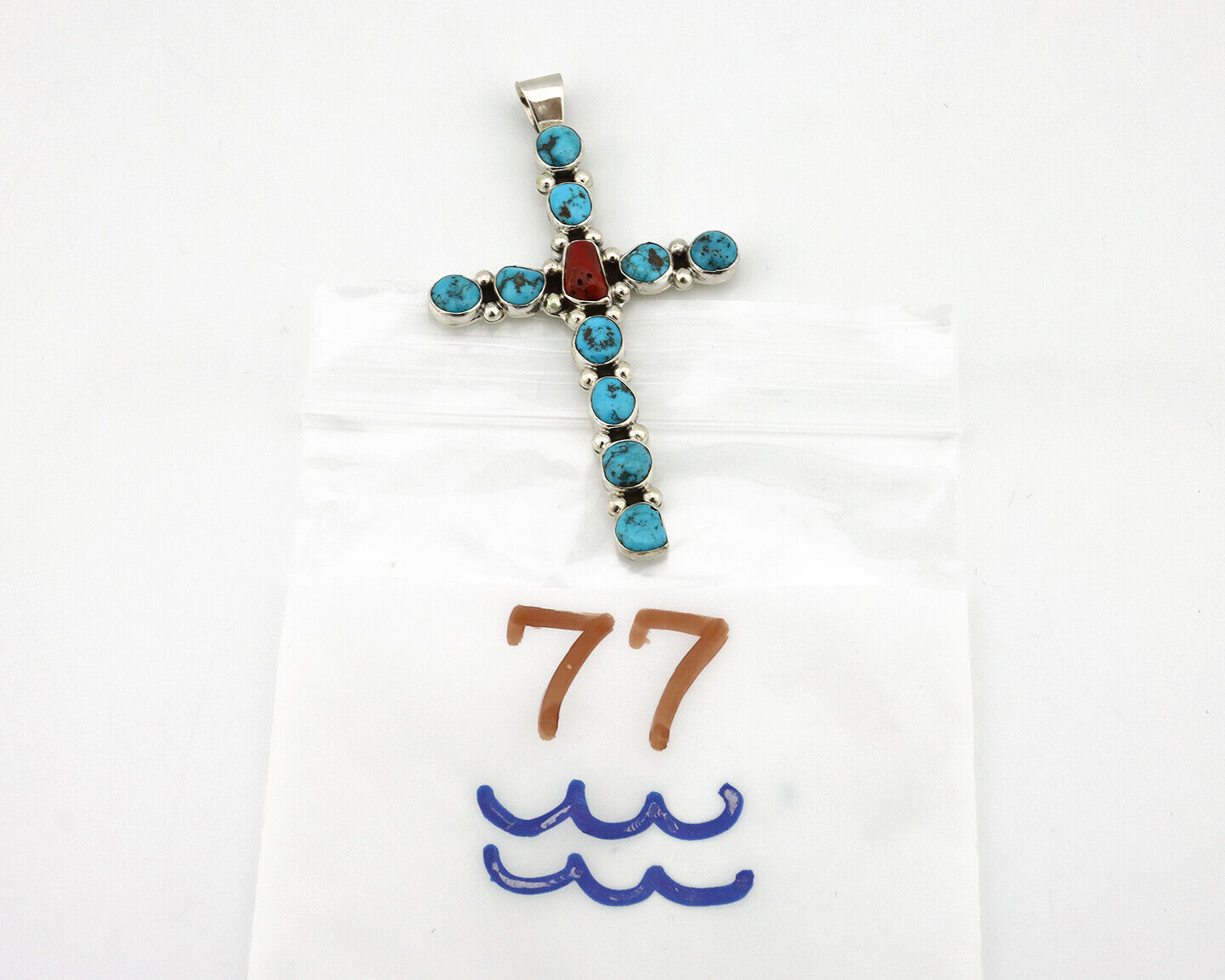 Zuni Handmade Cross Necklace 925 Silver Coral & Turquiose Artist Signed JWJ C80s