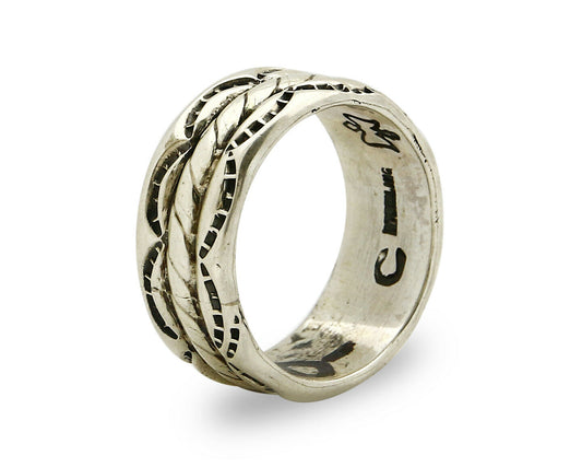 Navajo Ring .925 Silver Handmade Hand Stamped 3 Row Rope Band C.1980's Size 8.0