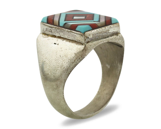 Zuni Inlaid Ring .925 Silver Gemstone Artist Varden Vacit C.1980's