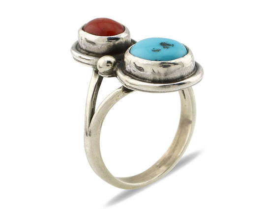 Navajo Inlay Band Ring 925 Silver Turquoise & Coral Native Artist C.80's